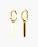 Pair of slim gold-tone hoop earrings with long polished bar drops suspended from small connecting rings.