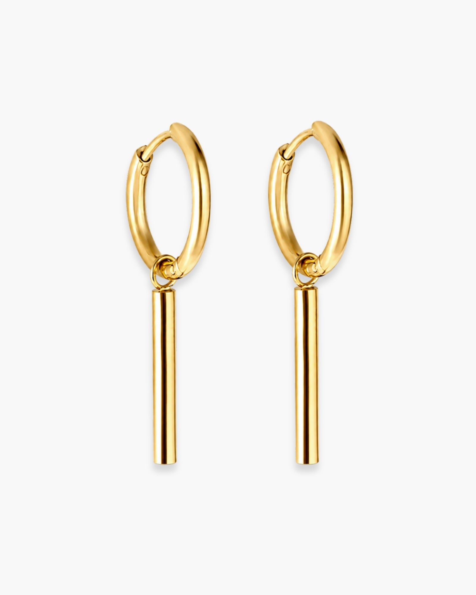 Pair of slim gold-tone hoop earrings with long polished bar drops suspended from small connecting rings.