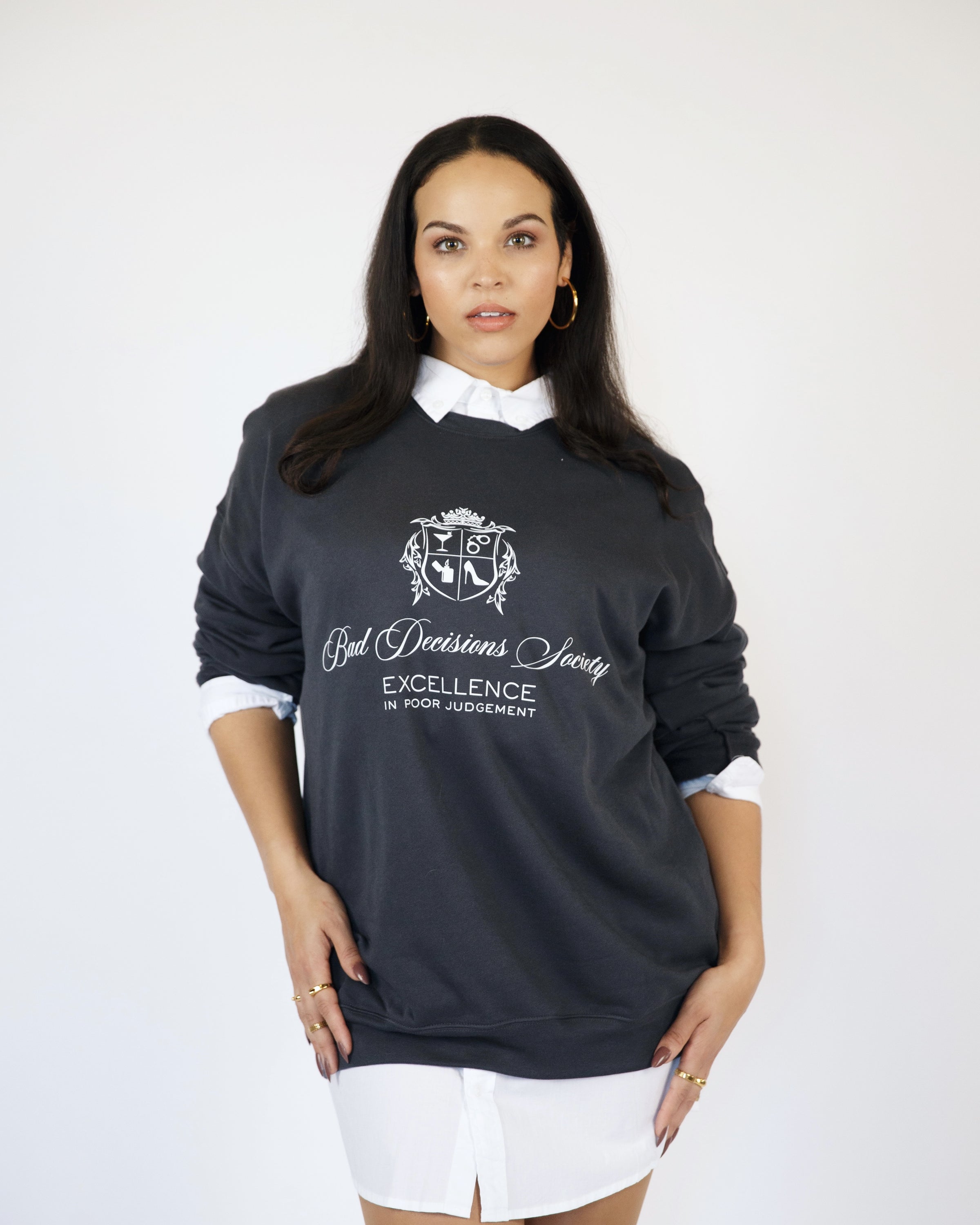 Supporting image of the Bad Decisions Society black crewneck sweatshirt.
