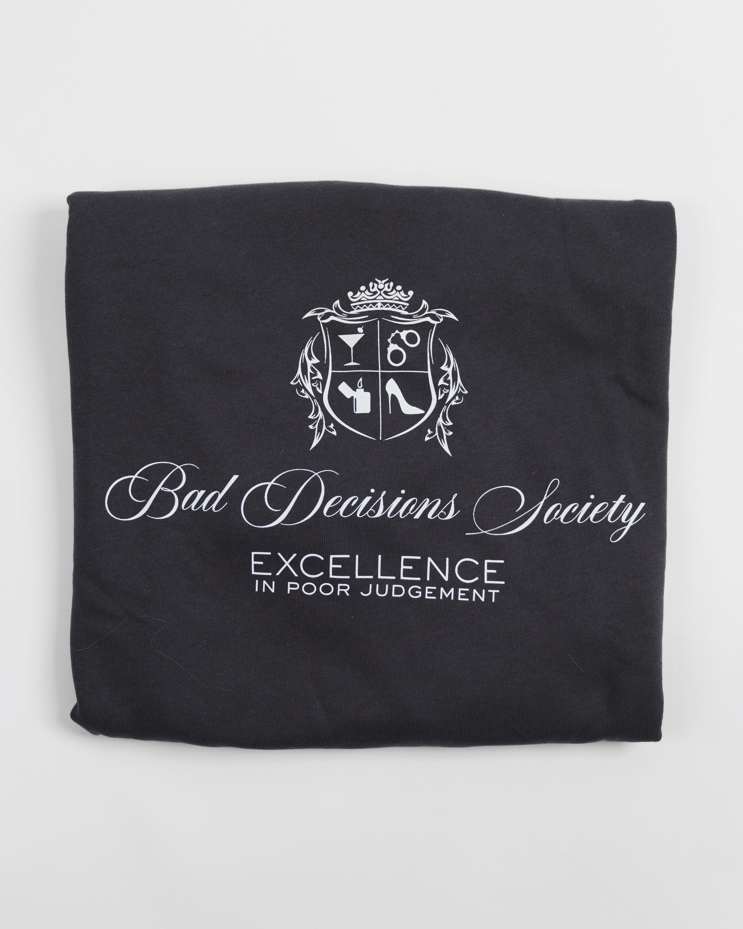 Bad Decisions Society black crewneck sweatshirt worn by a model.