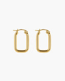 Pair of polished gold-tone elongated rectangular hoop earrings with rounded corners.