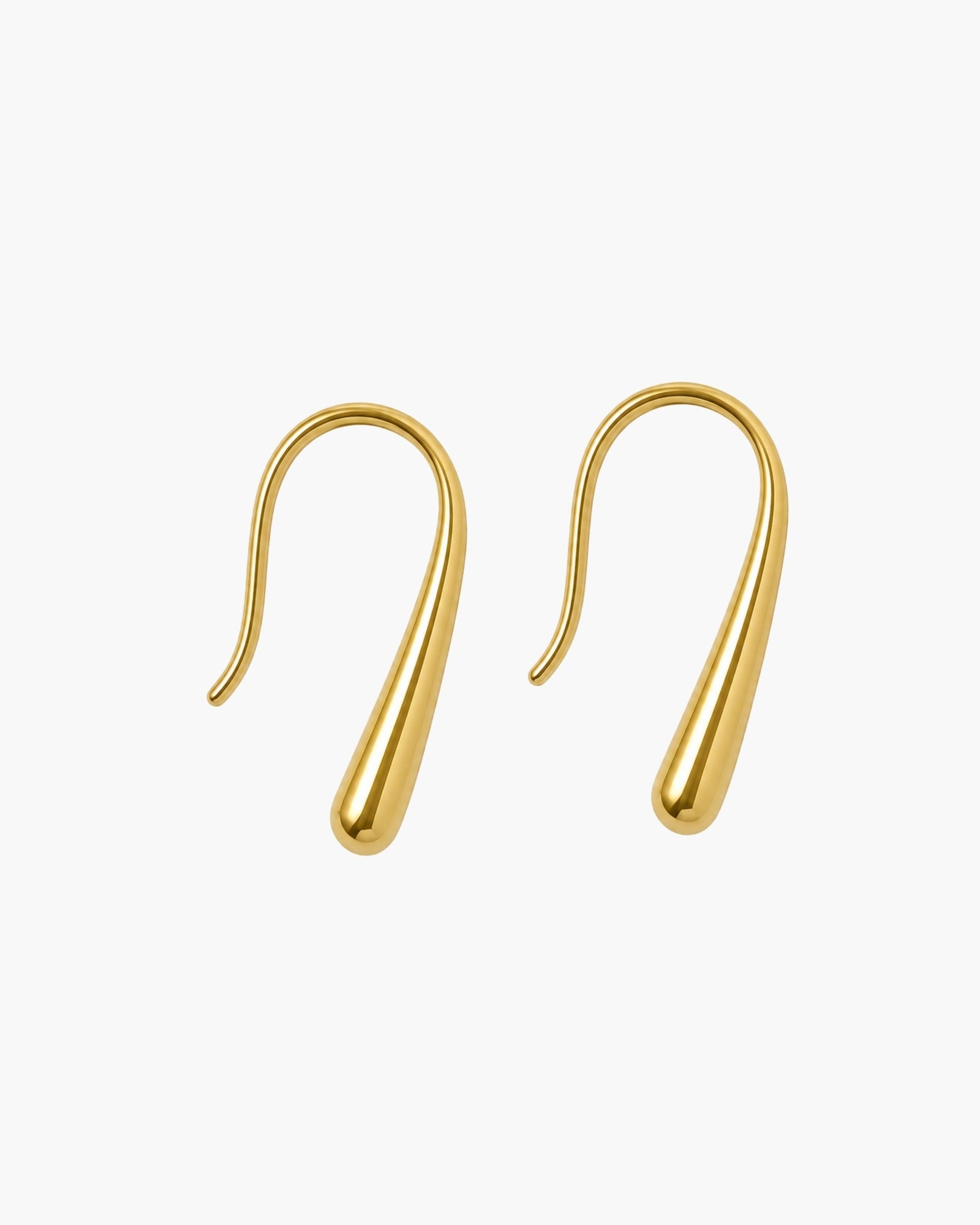 Pair of polished gold-tone curved threader earrings with elongated teardrop ends.