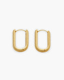 Pair of gold-tone rectangular hoop earrings with textured beaded borders.