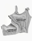 Alternate view of the heather-gray I’m Not Shy camisole tank with black statement lettering.