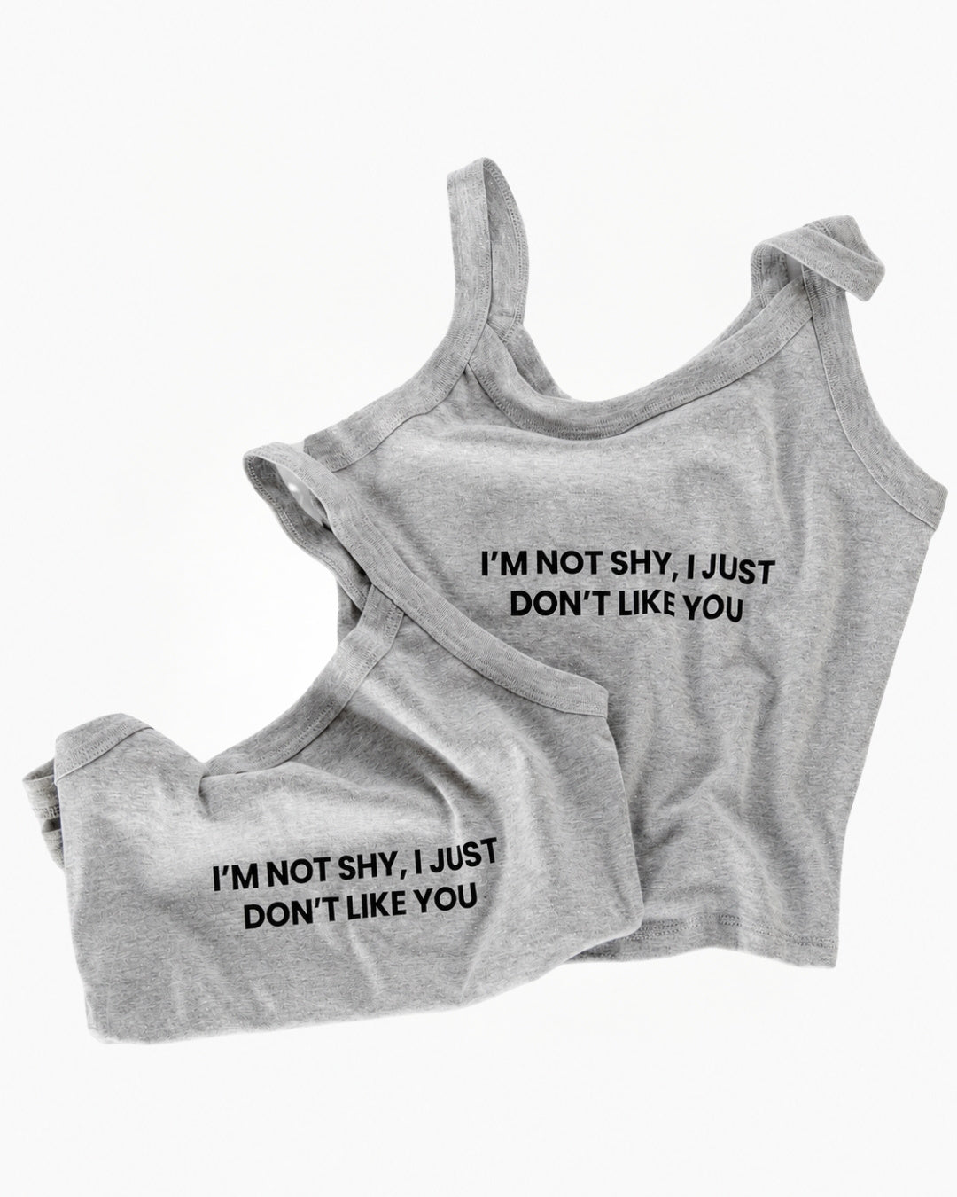Alternate view of the heather-gray I’m Not Shy camisole tank with black statement lettering.