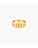 Gold-tone Jones geometric band ring with three clear square stones on a white background.
