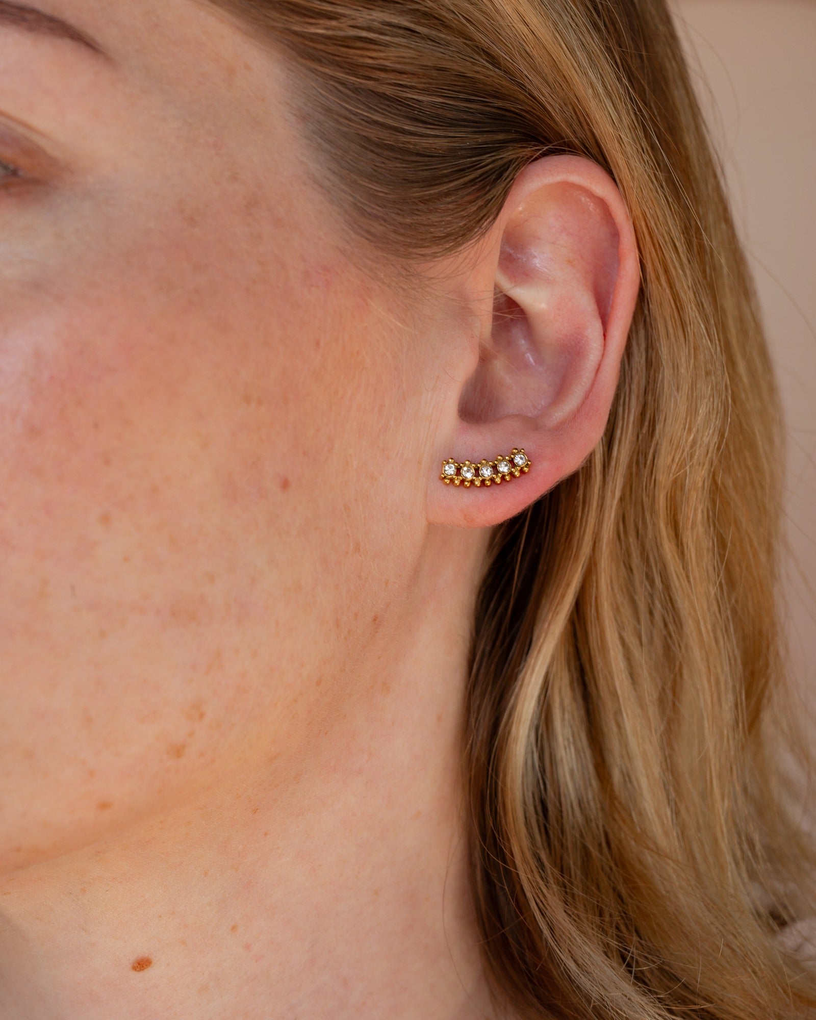 Lorena curved crystal stud shown in a tight ear detail.