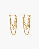 Pair of gold-tone ball stud earrings with layered curb and paperclip chains draped from front to back.