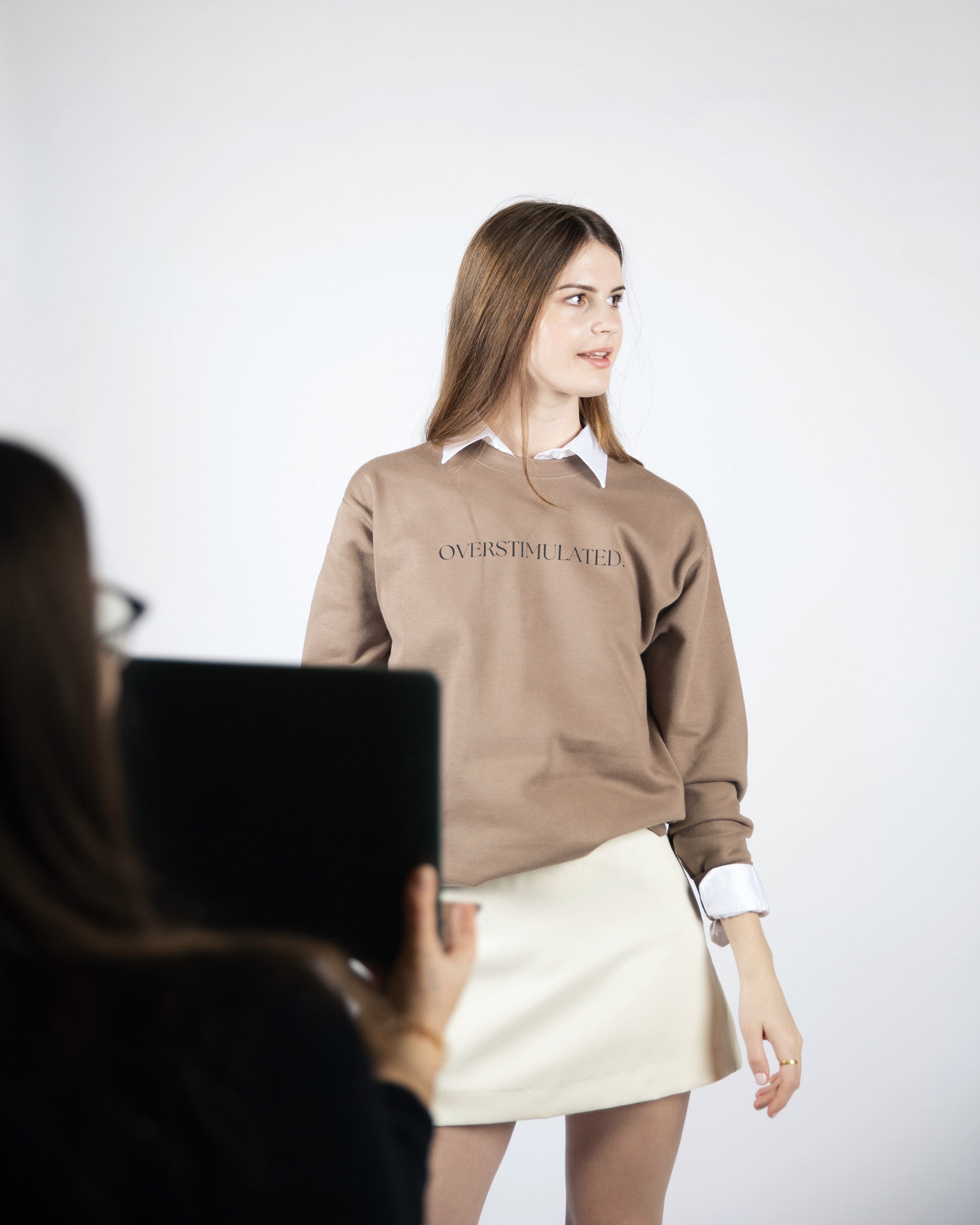 Additional view of the warm brown Overstimulated crewneck sweatshirt.