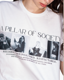 White crewneck T-shirt featuring A Pillar of Society above a black-and-white photo collage.