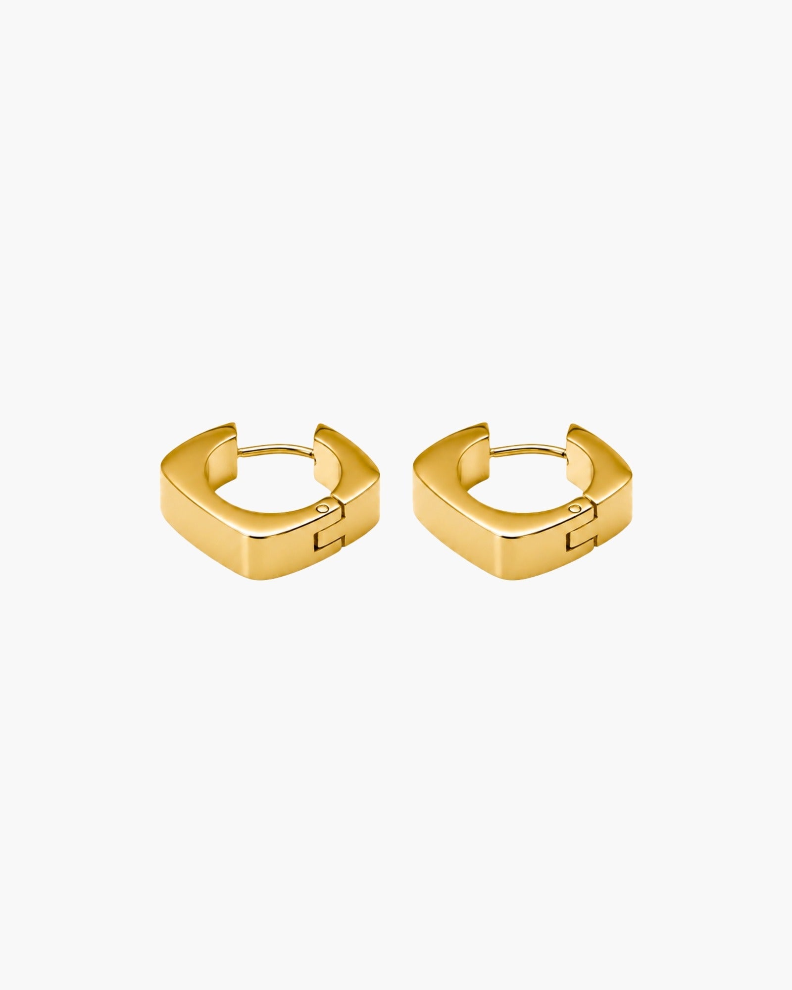 Pair of polished gold-tone square hoop earrings with softly rounded corners.