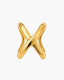 Polished gold-tone X Ring with fluid overlapping bands forming a sculptural open crossover design on a white background.