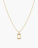Gold-tone Zenobia pendant necklace with two stacked open rectangular frames, a fine chain, lobster clasp and adjustable extender.