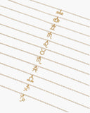 Twelve gold-tone zodiac necklaces arranged diagonally on a white background.
